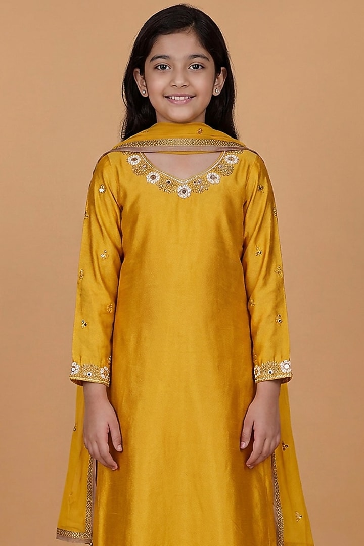 Mustard Katan Silk Mirror Embroidered Kurta Set For Girls by Harmony at Pernia's Pop Up Shop