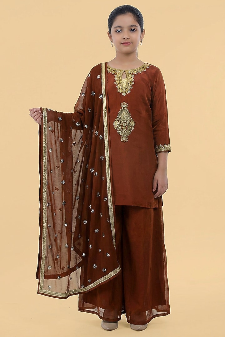 Brown Organza Sharara Set For Girls by Harmony at Pernia's Pop Up Shop