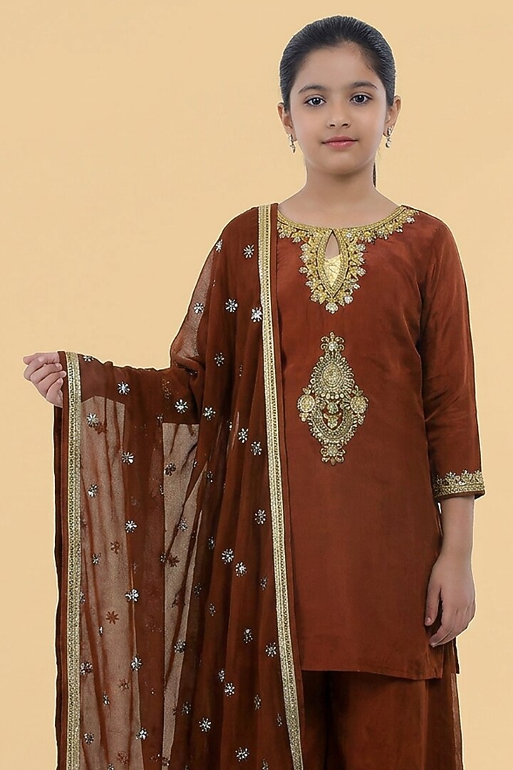 Brown Organza Sharara Set For Girls by Harmony at Pernia's Pop Up Shop