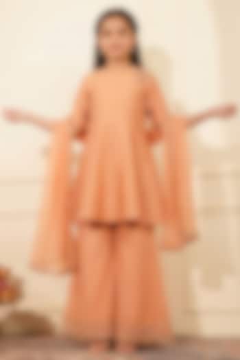 Dark Peach Katan Silk Sharara Set For Girls by Harmony at Pernia's Pop Up Shop