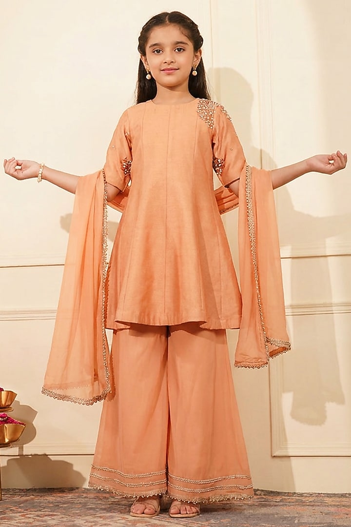 Dark Peach Katan Silk Sharara Set For Girls by Harmony at Pernia's Pop Up Shop