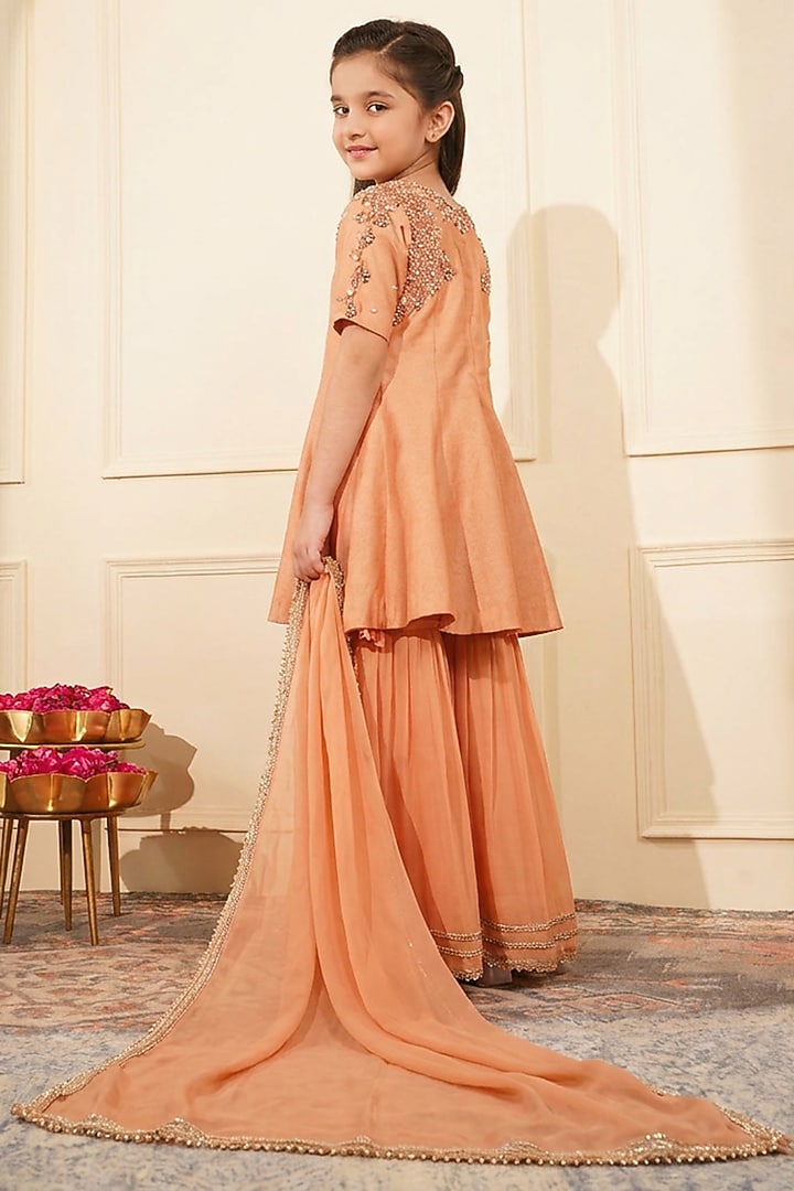 Dark Peach Katan Silk Sharara Set For Girls by Harmony at Pernia's Pop Up Shop