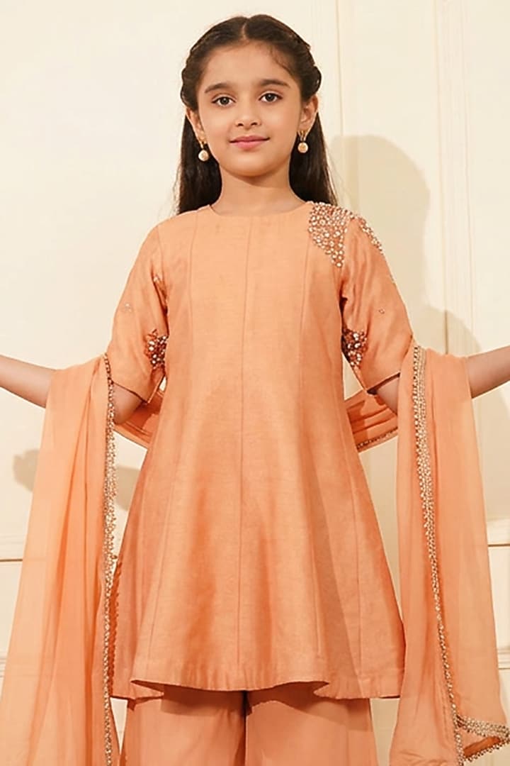 Dark Peach Katan Silk Sharara Set For Girls by Harmony at Pernia's Pop Up Shop