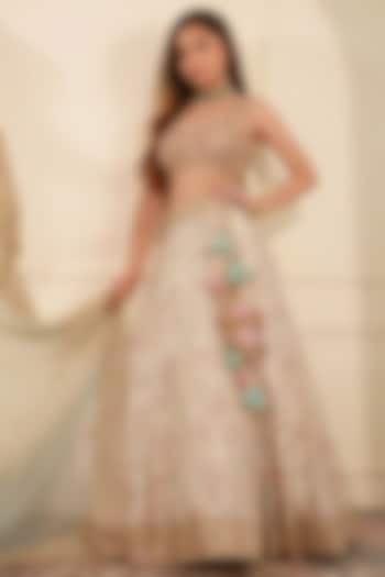 Light Fawn Beige Silk Printed & Embroidered Lehenga Set For Girls by Harmony at Pernia's Pop Up Shop