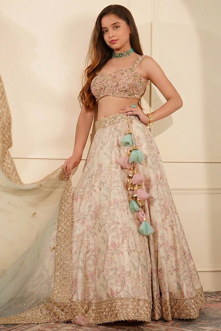 Light Fawn Beige Silk Printed & Embroidered Lehenga Set For Girls by Harmony at Pernia's Pop Up Shop