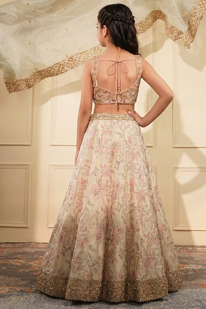 Light Fawn Beige Silk Printed & Embroidered Lehenga Set For Girls by Harmony at Pernia's Pop Up Shop