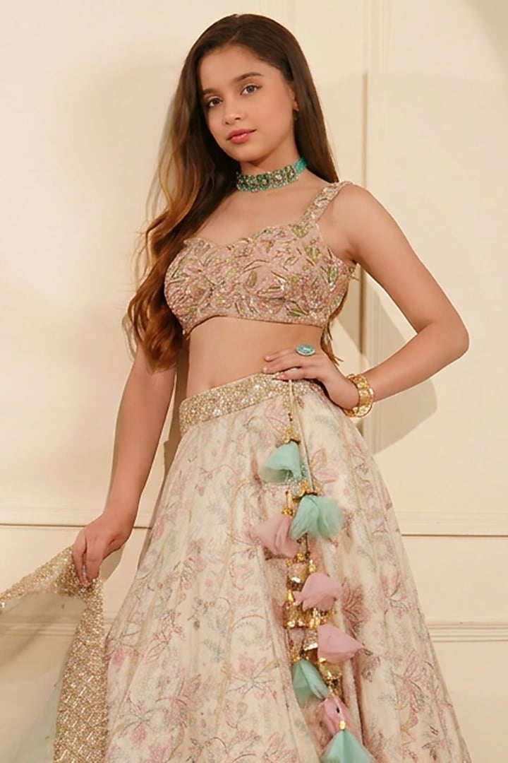 Light Fawn Beige Silk Printed & Embroidered Lehenga Set For Girls by Harmony at Pernia's Pop Up Shop