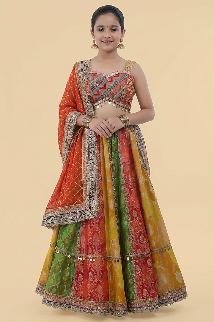 Multi-Colored Banarasi Georgette Printed & Embroidered Lehenga Set For Girls by Harmony at Pernia's Pop Up Shop