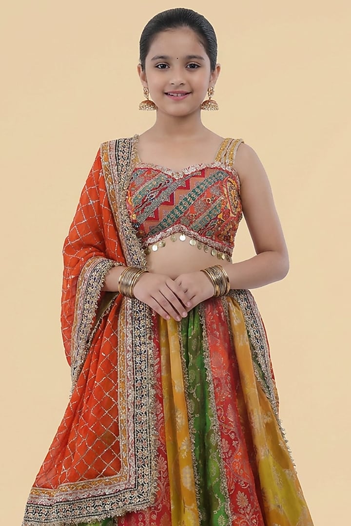Multi-Colored Banarasi Georgette Printed & Embroidered Lehenga Set For Girls by Harmony at Pernia's Pop Up Shop