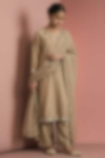 Beige Katan Silk Pearl Embroidered Kurta Set For Girls by Harmony at Pernia's Pop Up Shop