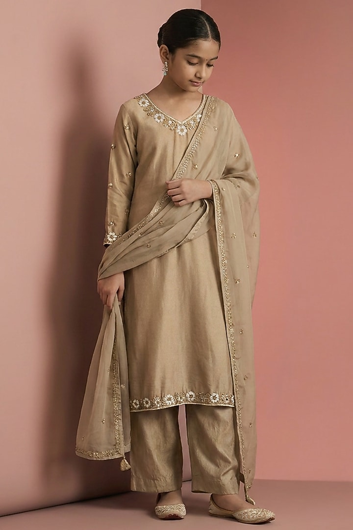 Beige Katan Silk Pearl Embroidered Kurta Set For Girls by Harmony at Pernia's Pop Up Shop