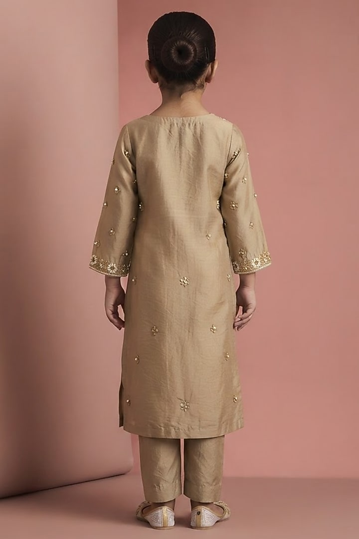 Beige Katan Silk Pearl Embroidered Kurta Set For Girls by Harmony at Pernia's Pop Up Shop
