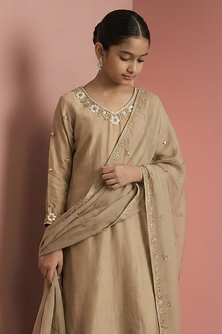 Beige Katan Silk Pearl Embroidered Kurta Set For Girls by Harmony at Pernia's Pop Up Shop