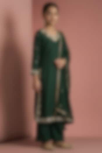 Dark Green Katan Silk Mirror Embroidered Kurta Set For Girls by Harmony at Pernia's Pop Up Shop