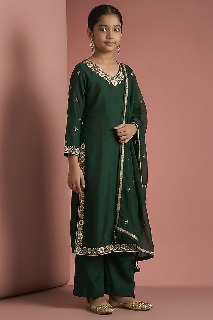 Dark Green Katan Silk Mirror Embroidered Kurta Set For Girls by Harmony at Pernia's Pop Up Shop