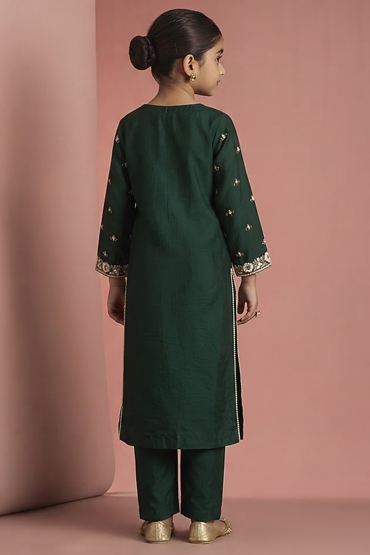 Dark Green Katan Silk Mirror Embroidered Kurta Set For Girls by Harmony at Pernia's Pop Up Shop
