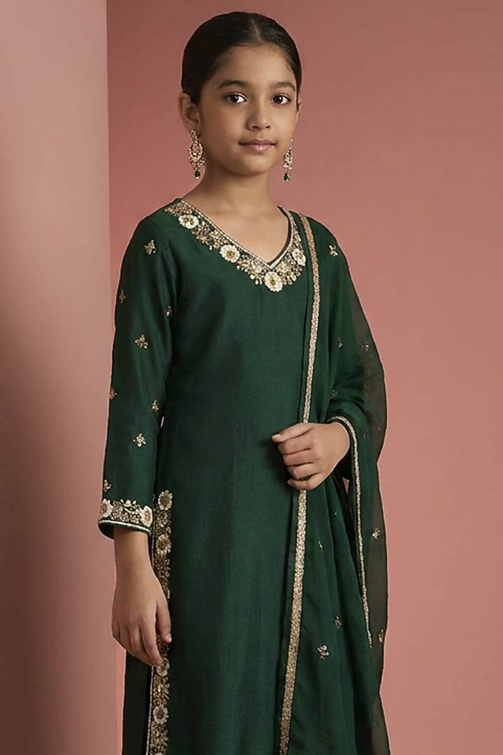 Dark Green Katan Silk Mirror Embroidered Kurta Set For Girls by Harmony at Pernia's Pop Up Shop