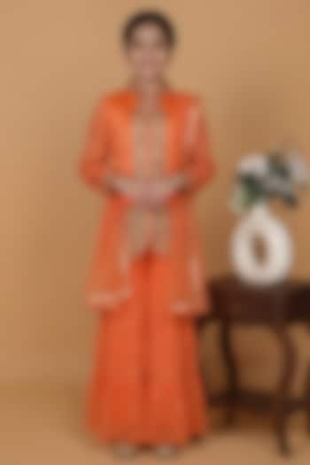 Orange Chanderi Georgette Zari & Sequin Embroidered Sharara Set For Girls by Harmony at Pernia's Pop Up Shop