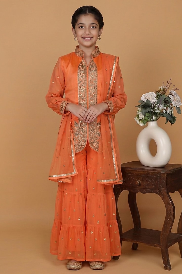 Orange Chanderi Georgette Zari & Sequin Embroidered Sharara Set For Girls by Harmony at Pernia's Pop Up Shop