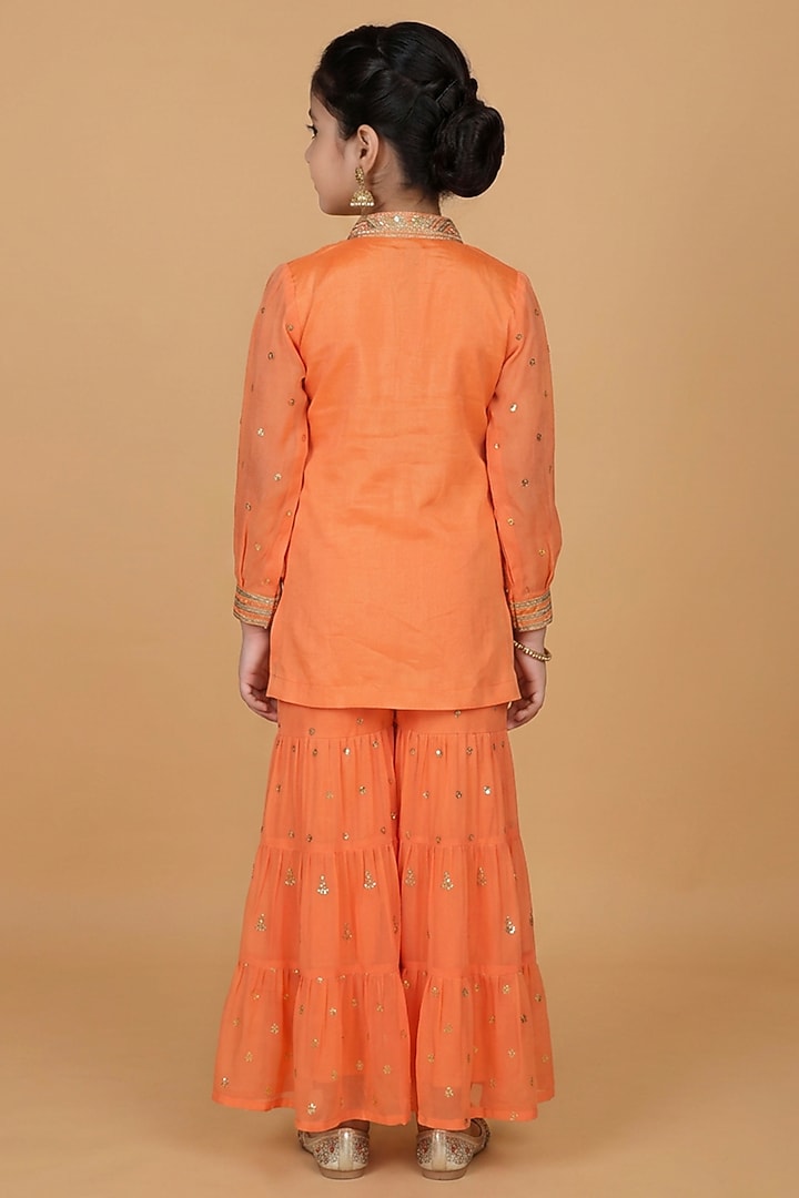 Orange Chanderi Georgette Zari & Sequin Embroidered Sharara Set For Girls by Harmony at Pernia's Pop Up Shop