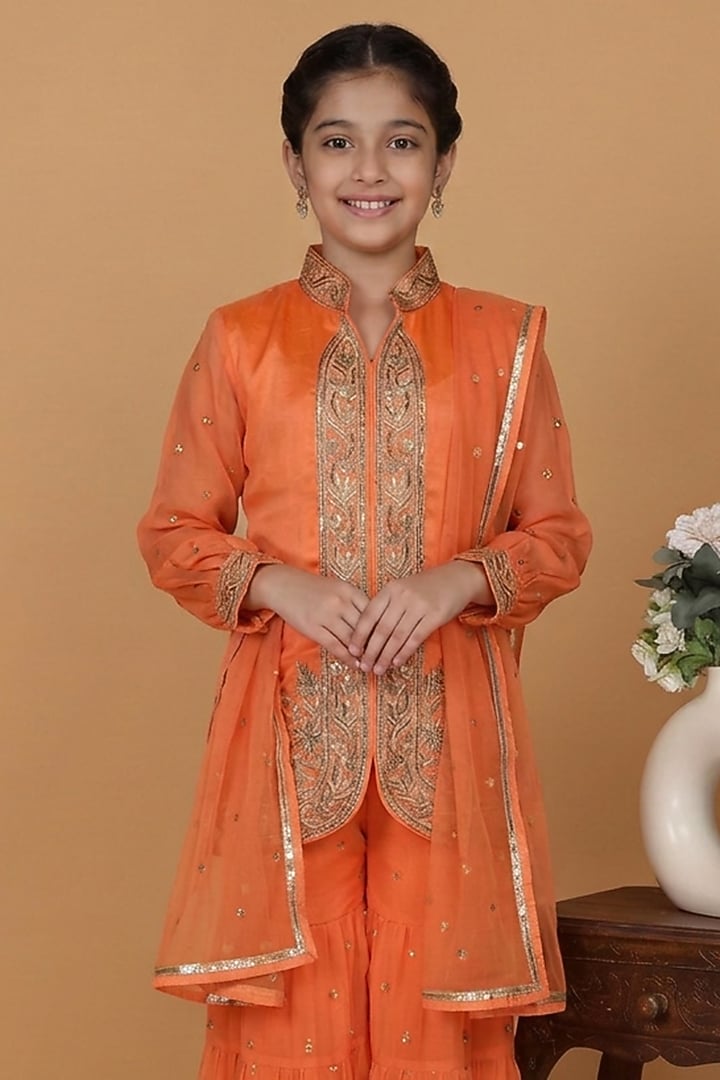 Orange Chanderi Georgette Zari & Sequin Embroidered Sharara Set For Girls by Harmony at Pernia's Pop Up Shop