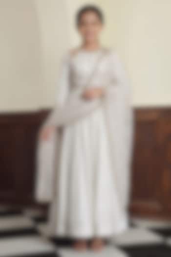 Off-White Modal Satin Pearl Embroidered Anarkali Set For Girls by Harmony at Pernia's Pop Up Shop