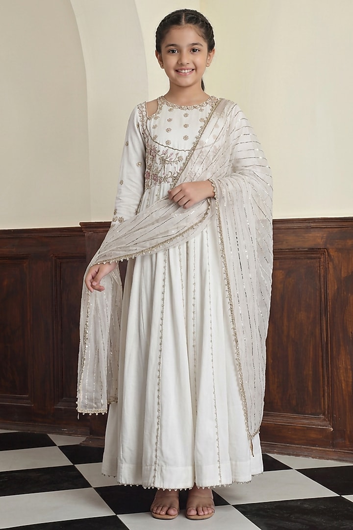 Off-White Modal Satin Pearl Embroidered Anarkali Set For Girls by Harmony at Pernia's Pop Up Shop