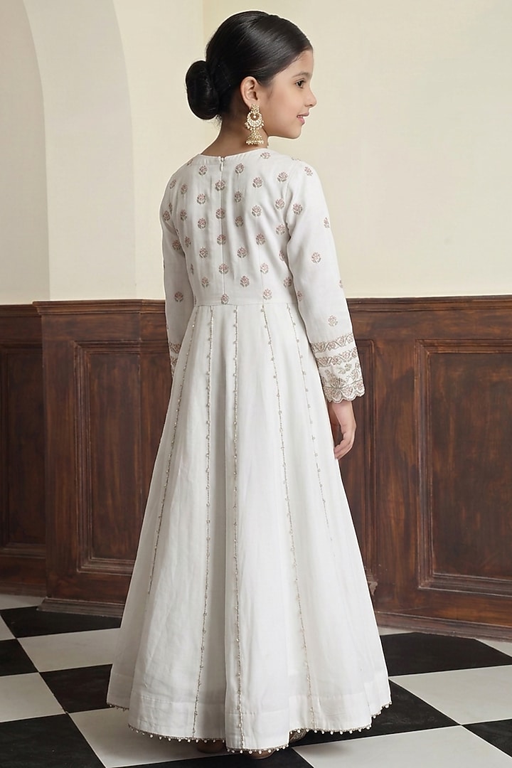 Off-White Modal Satin Pearl Embroidered Anarkali Set For Girls by Harmony at Pernia's Pop Up Shop