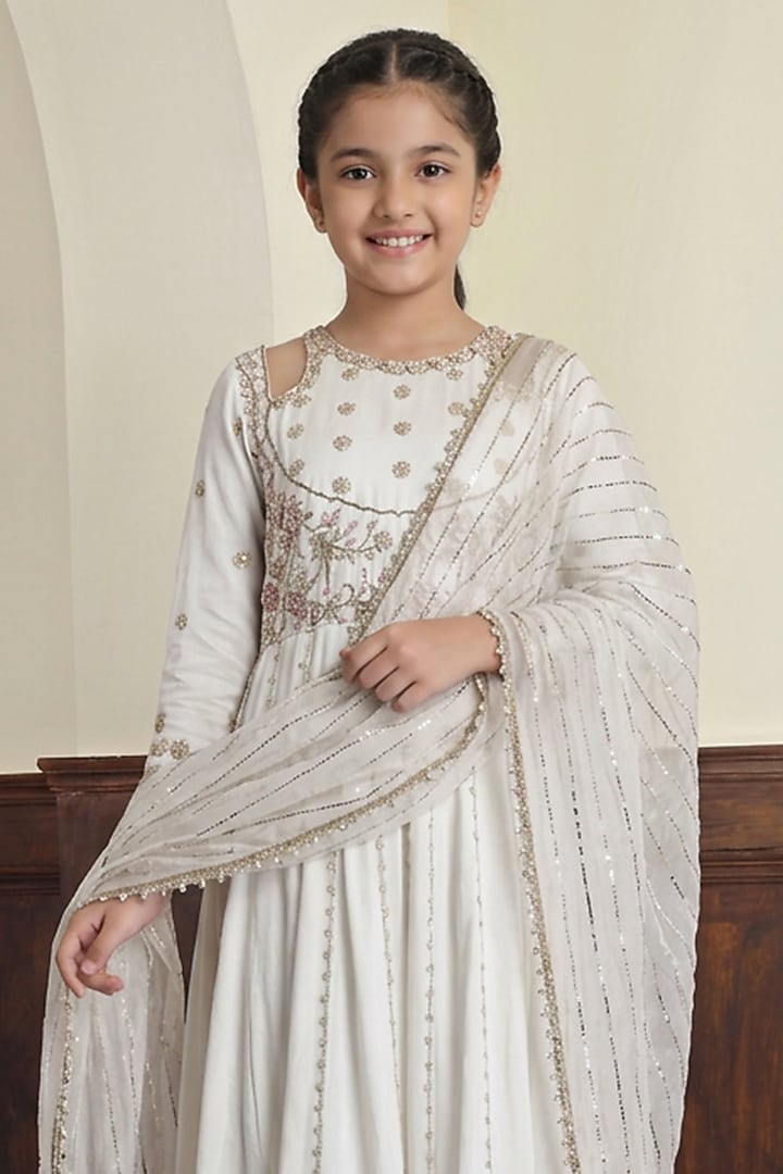 Off-White Modal Satin Pearl Embroidered Anarkali Set For Girls by Harmony at Pernia's Pop Up Shop