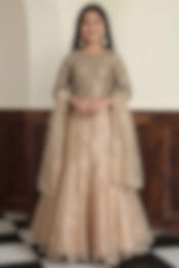Champagne Gold Tissue & Taffeta Lehenga Set For Girls by Harmony at Pernia's Pop Up Shop