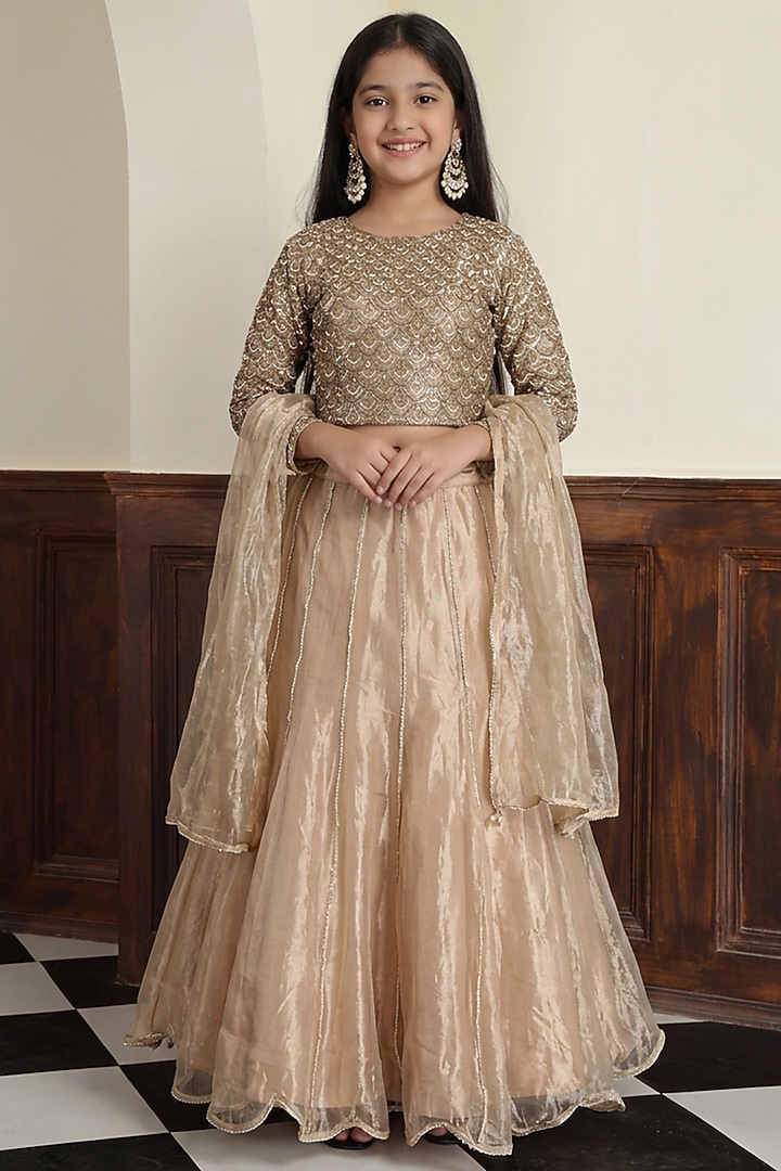 Champagne Gold Tissue & Taffeta Lehenga Set For Girls by Harmony at Pernia's Pop Up Shop