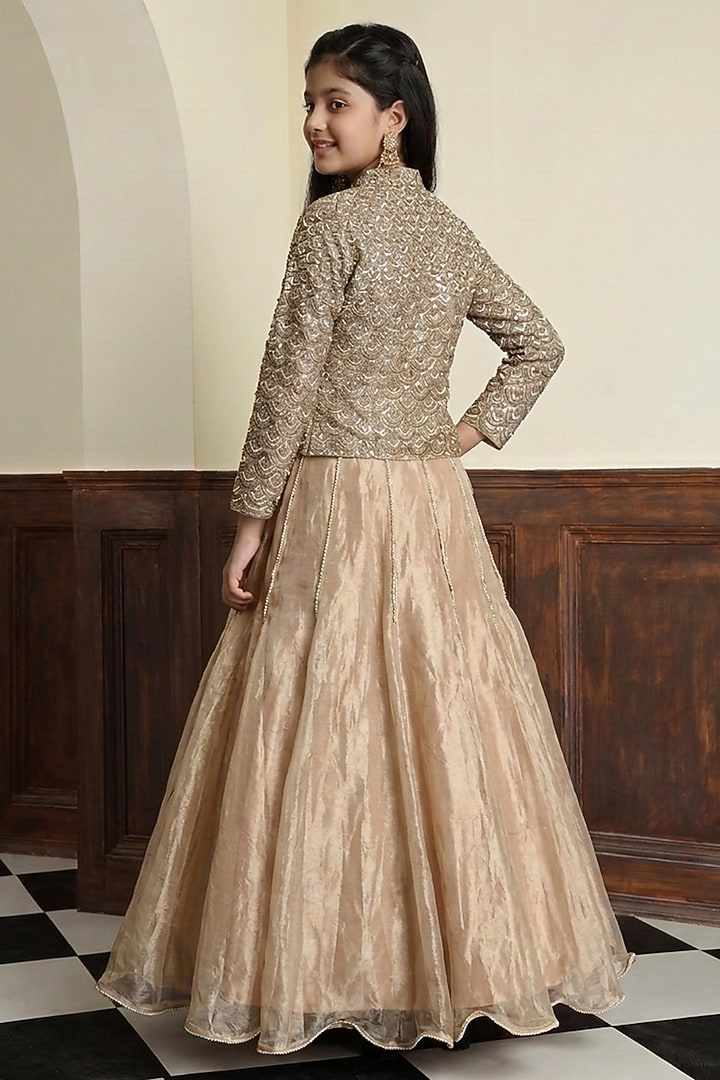 Champagne Gold Tissue & Taffeta Lehenga Set For Girls by Harmony at Pernia's Pop Up Shop