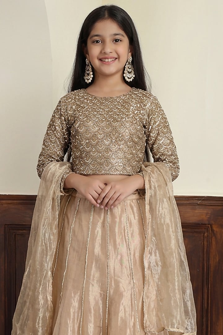 Champagne Gold Tissue & Taffeta Lehenga Set For Girls by Harmony at Pernia's Pop Up Shop