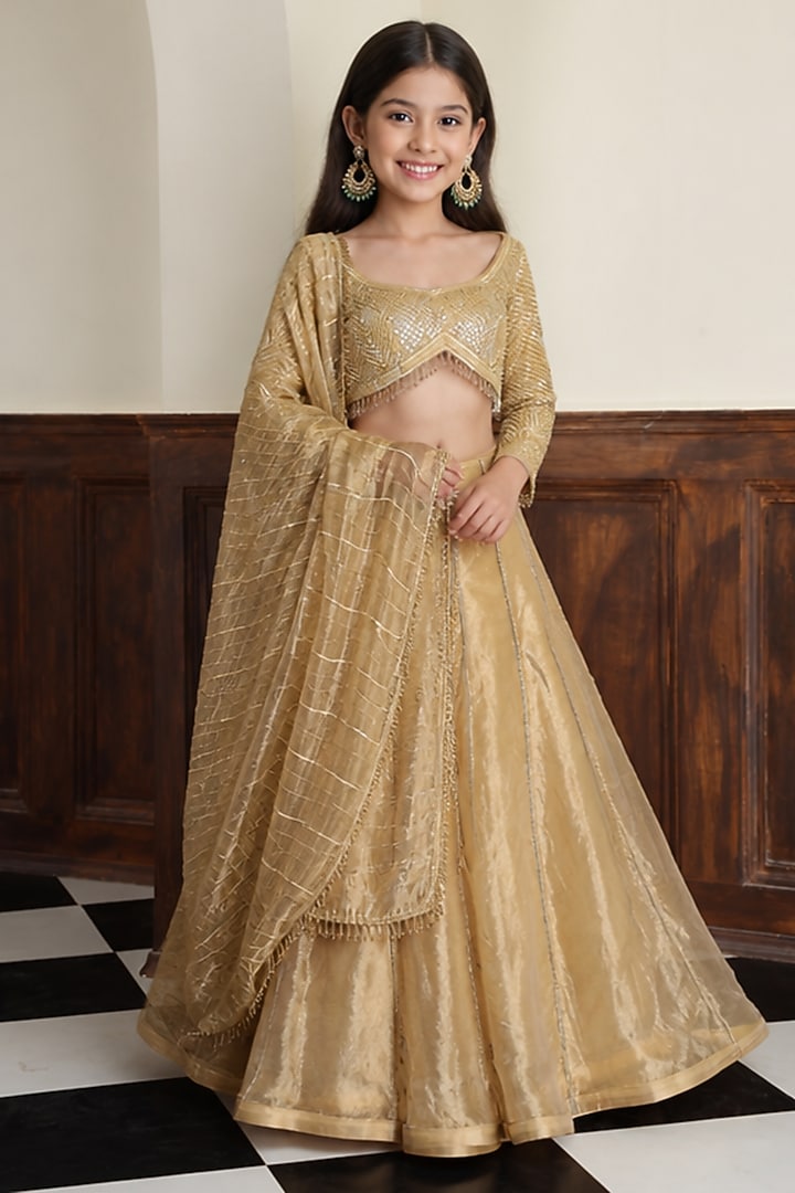 Gold Pure Tissue Lehenga Set For Girls by Harmony at Pernia's Pop Up Shop