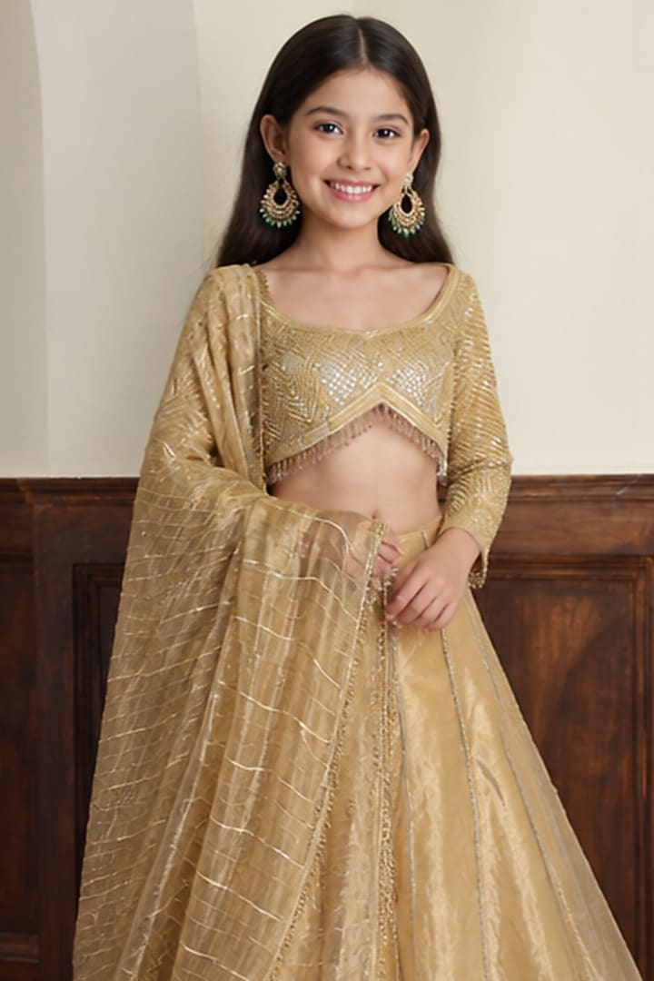 Gold Pure Tissue Lehenga Set For Girls by Harmony at Pernia's Pop Up Shop