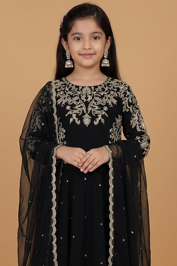 Black Georgette Dabka & Zari Embroidered Anarkali Set For Girls by Harmony at Pernia's Pop Up Shop