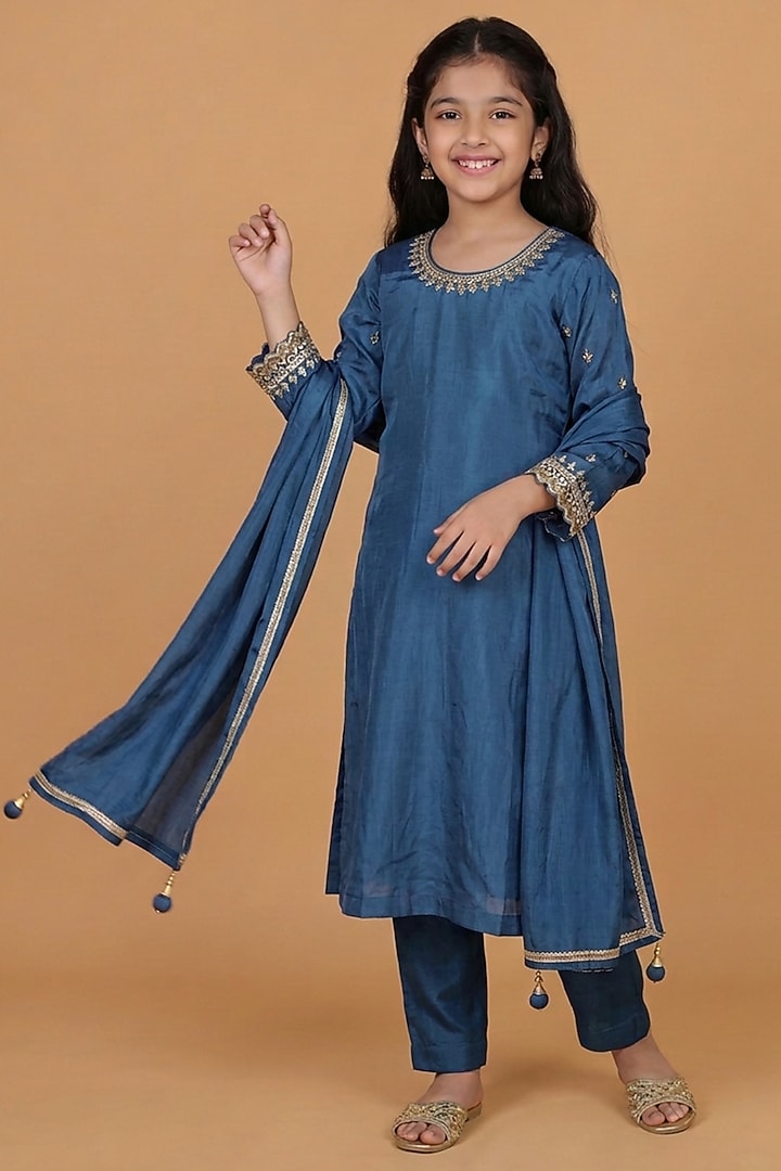 Persian Blue Opara Silk Pearl & Cutdana Embroidered Kurta Set For Girls by Harmony at Pernia's Pop Up Shop