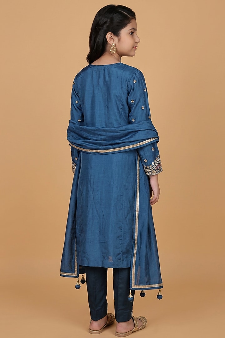 Persian Blue Opara Silk Pearl & Cutdana Embroidered Kurta Set For Girls by Harmony at Pernia's Pop Up Shop