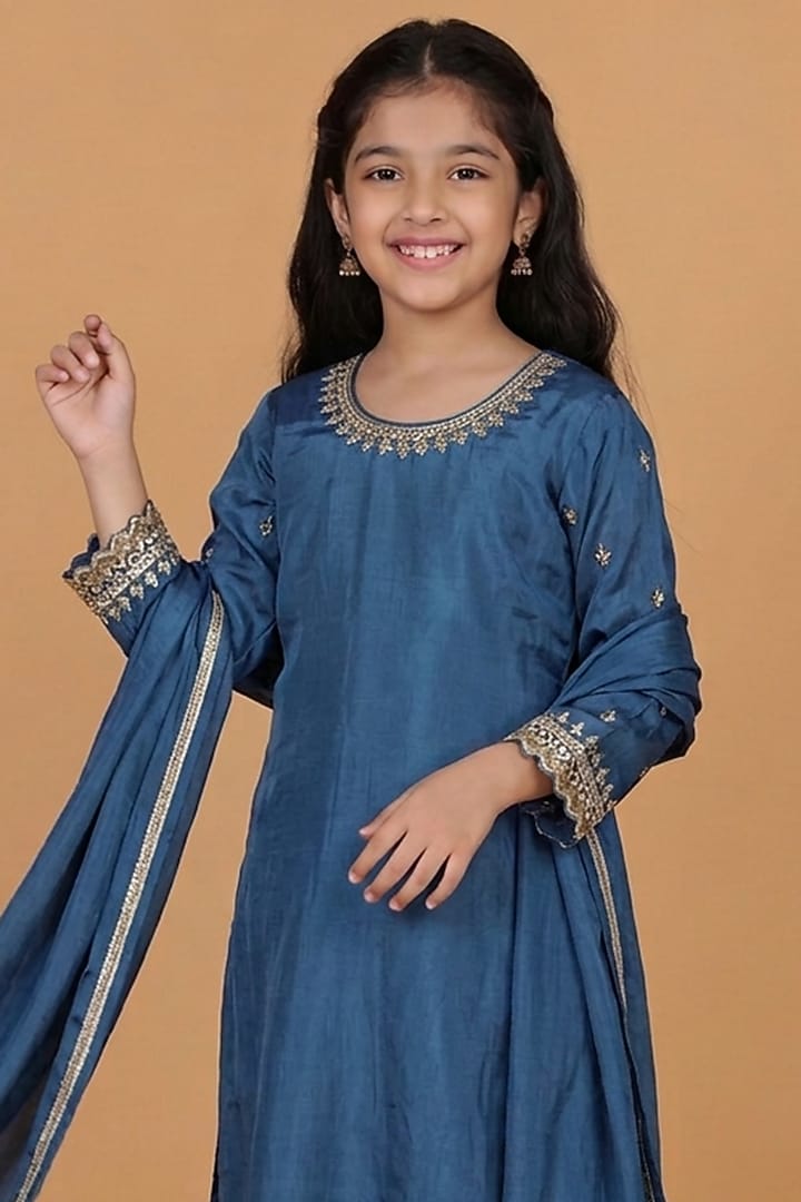 Persian Blue Opara Silk Pearl & Cutdana Embroidered Kurta Set For Girls by Harmony at Pernia's Pop Up Shop