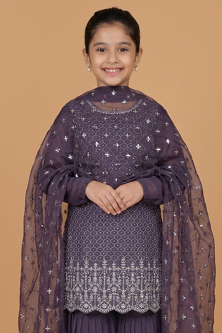 Dull Purple Georgette Sharara Set For Girls by Harmony at Pernia's Pop Up Shop