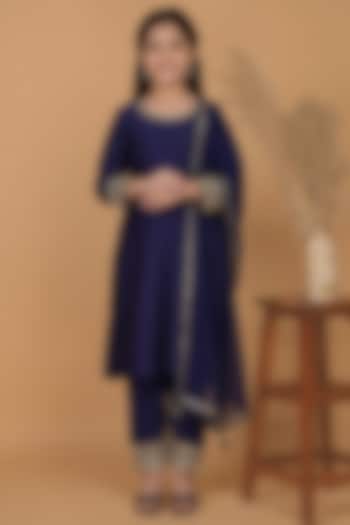 Dark Blue Self Katan Silk Mirror Work Kurta Set For Girls by Harmony at Pernia's Pop Up Shop