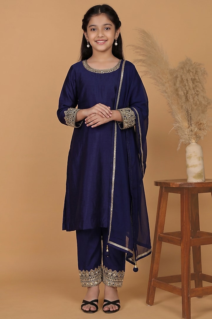 Dark Blue Self Katan Silk Mirror Work Kurta Set For Girls by Harmony at Pernia's Pop Up Shop