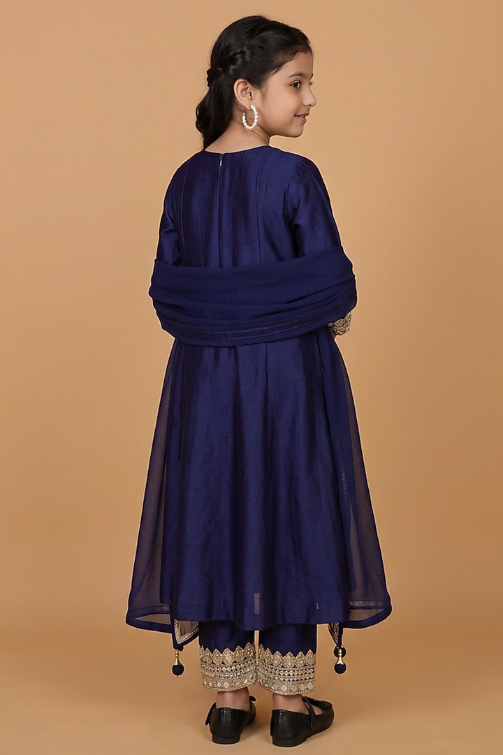 Dark Blue Self Katan Silk Mirror Work Kurta Set For Girls by Harmony at Pernia's Pop Up Shop