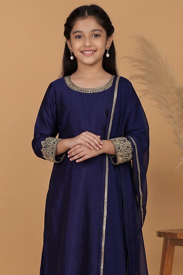 Dark Blue Self Katan Silk Mirror Work Kurta Set For Girls by Harmony at Pernia's Pop Up Shop