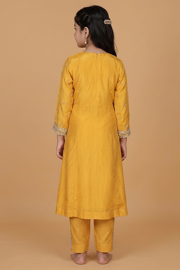 Mustard Opara Silk Pearl & Cutdana Embroidered Kurta Set For Girls by Harmony at Pernia's Pop Up Shop