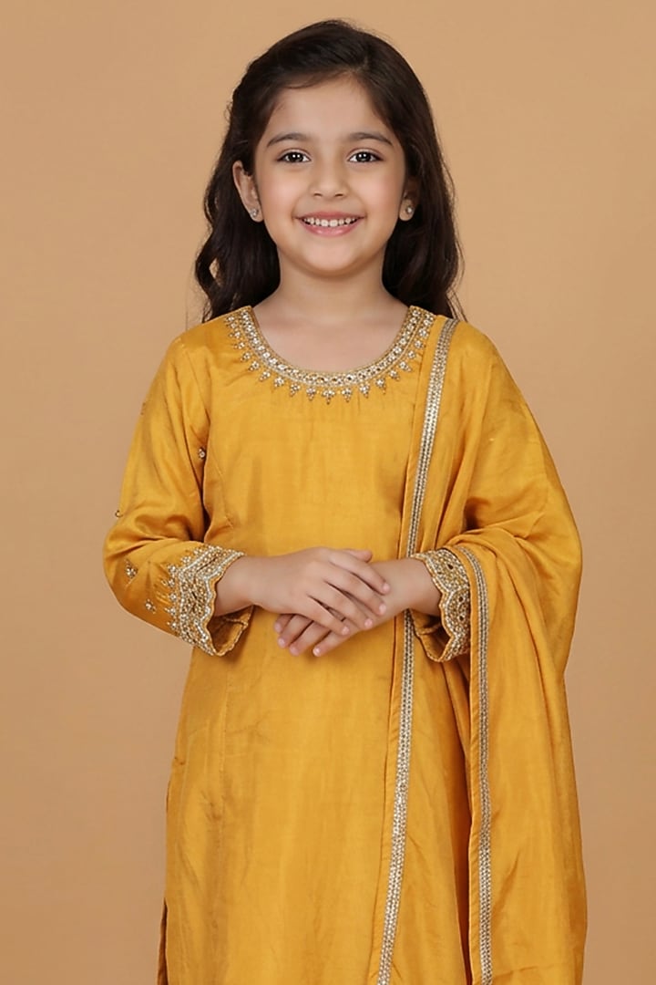 Mustard Opara Silk Pearl & Cutdana Embroidered Kurta Set For Girls by Harmony at Pernia's Pop Up Shop