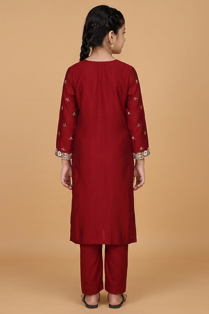 Maroon Self Katan Silk Cutdana Pearl & Mirror Embroidered Kurta Set For Girls by Harmony at Pernia's Pop Up Shop