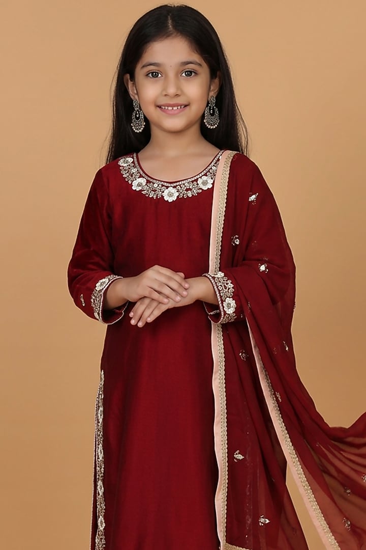 Maroon Self Katan Silk Cutdana Pearl & Mirror Embroidered Kurta Set For Girls by Harmony at Pernia's Pop Up Shop