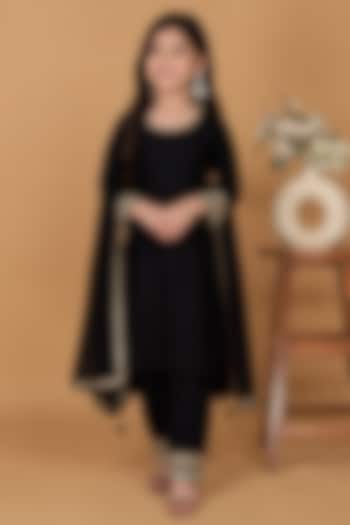 Black Self Katan Silk Mirror Embroidered Kurta Set For Girls by Harmony at Pernia's Pop Up Shop