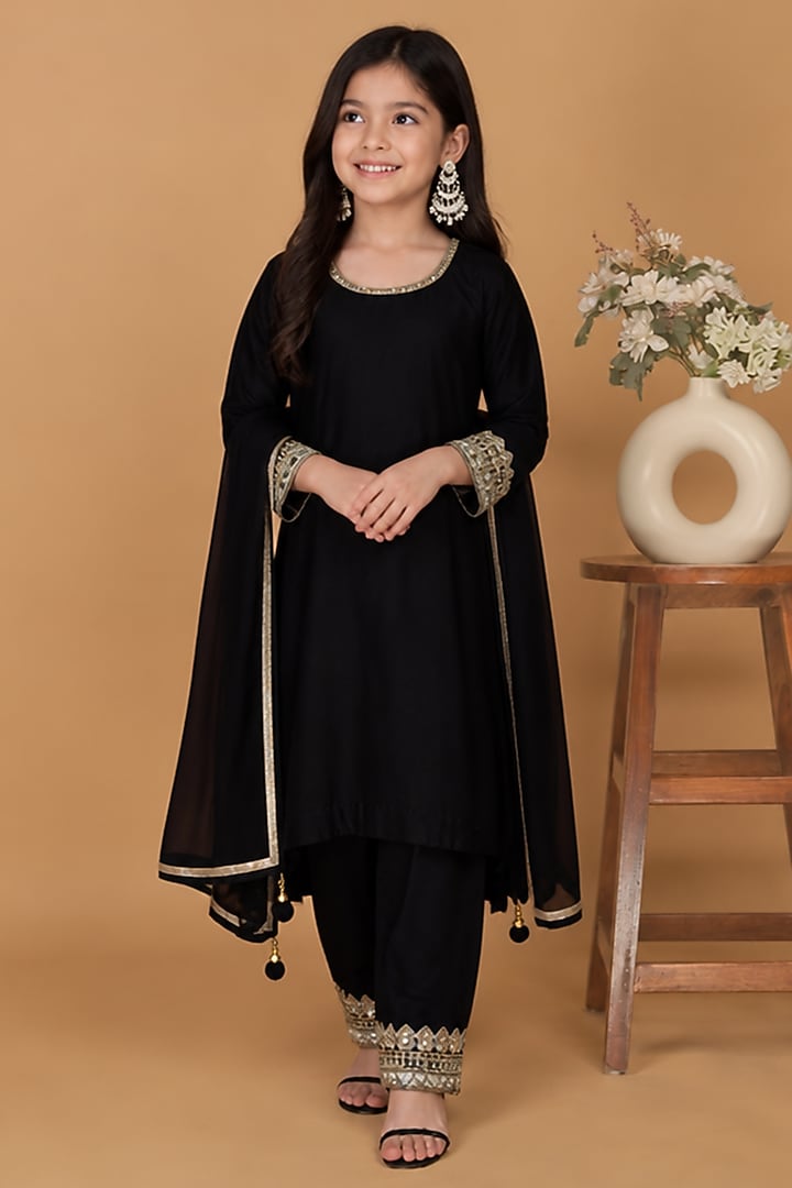 Black Self Katan Silk Mirror Embroidered Kurta Set For Girls by Harmony at Pernia's Pop Up Shop